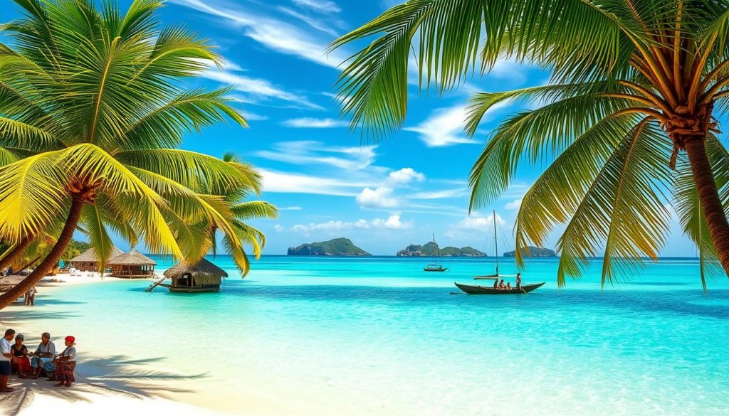 A tranquil beach scene on the idyllic San Blas islands, crystalline turquoise waters lapping at the pristine white sand. Lush palm trees sway gently in the warm breeze, casting soft dappled shadows. In the foreground, a group of colorfully dressed local Guna Yala people engage in traditional activities, showcasing the vibrant culture. The middle ground features traditional thatched-roof huts and dugout canoes, providing a glimpse into the indigenous way of life. The background frames a stunning panoramic view of the picturesque archipelago, with distant rocky islands dotting the horizon under a tranquil blue sky with wispy clouds. An evocative, realistic scene capturing the essence of a successful San Blas travel experience.