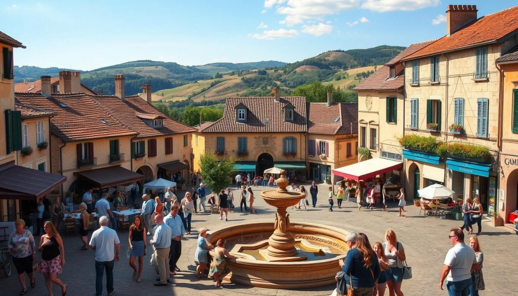 A charming town square in Grospierres, France, on a sunny summer day. In the foreground, locals and tourists mingle around a quaint fountain, enjoying local cuisine and handcrafted wares from nearby stalls. In the middle ground, historic stone buildings with terracotta roofs line the square, their facades adorned with colorful flower boxes. In the background, the rolling hills of the Ardèche region provide a picturesque natural backdrop, bathed in warm, golden light. The scene exudes a sense of tranquility and timeless French village life, inviting the viewer to immerse themselves in the captivating activities and atmosphere of Grospierres.