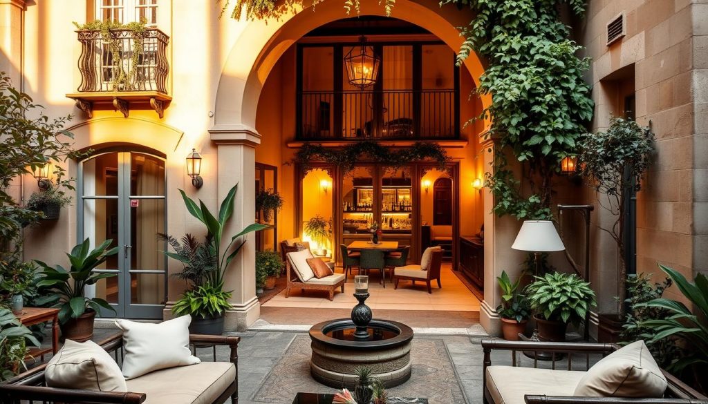 A cozy, romantic hotel nestled in the vibrant Lyon Confluence district, bathed in warm, golden light. The building's elegant facade features charming stone arches and wrought-iron balconies, complemented by lush greenery and potted plants. Through the arched entryway, a tranquil courtyard invites guests to unwind, with a soothing water feature and intimate seating areas. The interior exudes a refined, yet inviting ambiance, with plush furnishings, soft lighting, and tasteful decor that evokes a sense of relaxation and intimacy. The location offers easy access to the picturesque banks of the Rhône river and the vibrant shops, restaurants, and cultural attractions of the Confluence neighborhood.