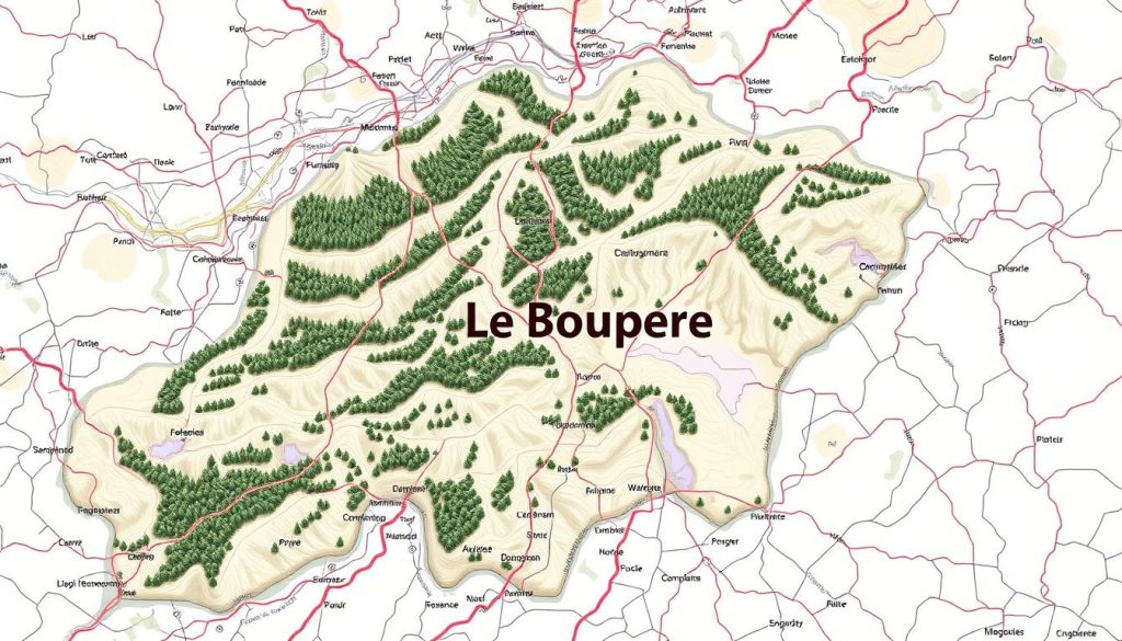 A detailed topographic map of the commune of Le Boupère in the Vendée department of France, showcasing its geographic location and accessibility. The map depicts the region's rolling hills, lush forests, and winding roads, providing a clear visual representation of the commune's terrain and transportation routes. The map is rendered with a muted color palette and subtle shading, conveying a sense of depth and three-dimensionality. The overall composition highlights the accessibility and connectivity of the territory, allowing the viewer to easily navigate and understand the geographic context of the region.