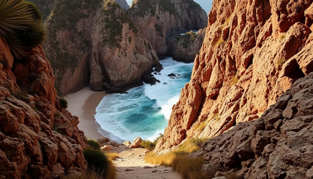 A dramatic, craggy coastline in Corsica, France. The rocky beach of Roccapina, framed by rugged cliffs and lush Mediterranean vegetation. The path leading down to the shore appears steep and challenging, winding through the dramatic terrain. Warm, golden sunlight filters through the scene, casting dramatic shadows and highlights across the rocky formations. Powerful ocean waves crash against the shore, creating a sense of raw, untamed natural beauty. The overall atmosphere is one of remoteness, isolation, and adventure - capturing the essence of a "difficult access" to this stunning, secluded paradise.