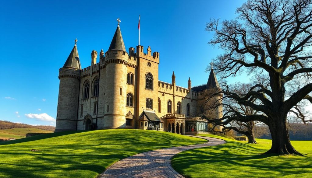 A grand medieval castle nestled amidst the lush, rolling hills of Normandy. Towering stone walls and ornate turrets stand in stately grandeur, casting long shadows across the verdant landscape. Sunlight filters through arched windows, illuminating the intricate architectural details - ornate carvings, weathered gargoyles, and pointed spires that pierce the azure sky. In the foreground, a cobblestone pathway winds towards the grand entrance, flanked by ancient oak trees whose branches sway gently in the breeze. An air of timeless elegance and historical significance permeates the scene, inviting the viewer to step back in time and experience the cultural heritage of this magnificent Norman landmark.