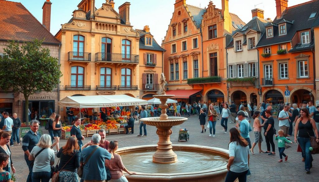 A lively town square in Tourville la Rivière, bustling with community life. In the foreground, locals gather around a central fountain, chatting and laughing. Mid-ground, a farmers market displays an abundance of fresh produce, while children play in a nearby playground. The background features charming, well-preserved historic buildings with ornate facades, their warm ochre tones bathed in soft, golden afternoon light. A sense of vibrant, close-knit community pervades the scene, with people of all ages engaged in the daily rhythms of small-town living. The composition captures the essence of "Vie Locale et Communauté" in this picturesque French town.