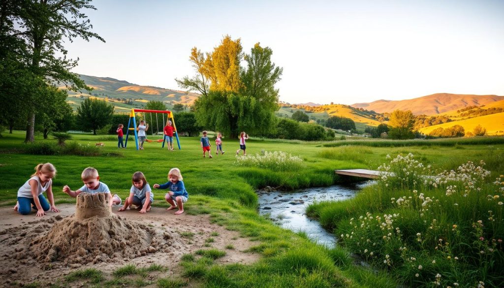 A lush, verdant outdoor scene set in the picturesque Rhône-Alpes region. In the foreground, a group of joyful children engaged in a variety of engaging activities - building sandcastles, playing on a colorful swing set, and chasing each other through a meadow of wildflowers. The middle ground features a tranquil stream winding through the landscape, with a wooden footbridge inviting exploration. In the background, rolling hills and towering trees create a serene, natural backdrop, bathed in the warm glow of golden hour lighting. The overall atmosphere is one of carefree, outdoor adventure and discovery, perfectly capturing the spirit of "Les activités pour enfants" in this exceptional natural setting. A lush, verdant outdoor scene set in the picturesque Rhône-Alpes region. In the foreground, a group of joyful children engaged in a variety of engaging activities - building sandcastles, playing on a colorful swing set, and chasing each other through a meadow of wildflowers. The middle ground features a tranquil stream winding through the landscape, with a wooden footbridge inviting exploration. In the background, rolling hills and towering trees create a serene, natural backdrop, bathed in the warm glow of golden hour lighting. The overall atmosphere is one of carefree, outdoor adventure and discovery, perfectly capturing the spirit of "Les activités pour enfants" in this exceptional natural setting.