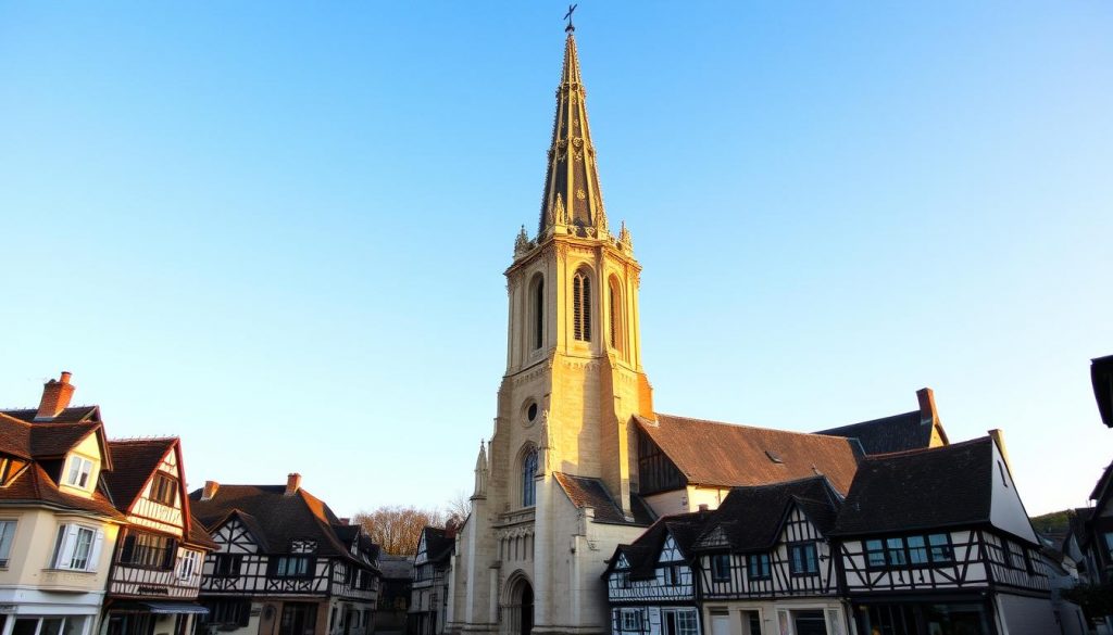 A majestic clocher (bell tower) rising gracefully against a soft, azure sky, the Église Notre-Dame de Fay-aux-Loges stands as a testament to the rich architectural heritage of this quaint French village. The clocher's ornate Gothic spire, adorned with intricate stonework, casts a warm, golden glow in the afternoon sunlight. Surrounding the church, the picturesque town center is dotted with charming half-timbered houses and cobblestone streets, inviting visitors to explore the history and timeless beauty of this enchanting locale.