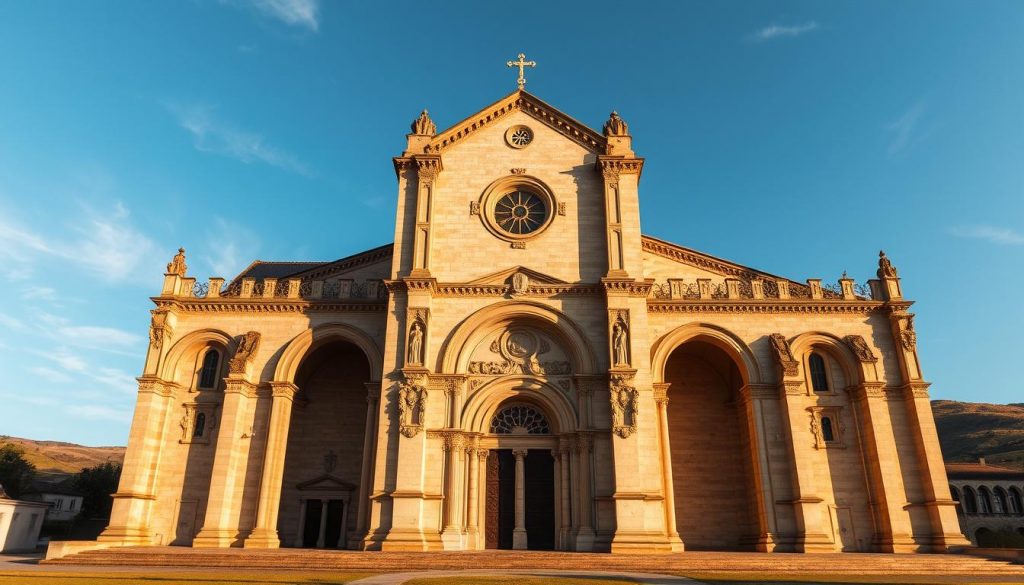 A massive Romanesque basilica church stands tall, its grand arched entrances and ornate stone facade bathed in warm, golden light. Ornate columns and intricate carvings adorn the exterior, hinting at the rich architectural details within. The church is set against a backdrop of rolling hills and a cloudless azure sky, creating a serene and awe-inspiring scene. The perspective is slightly elevated, allowing the viewer to take in the full grandeur of the building's impressive scale and timeless beauty. This iconic Romanesque masterpiece represents the pinnacle of medieval French ecclesiastical architecture, a true gem of the nation's cultural heritage.