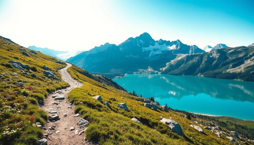 A picturesque mountain trail winding through lush alpine meadows, leading to the serene waters of Lac de Muzelle. In the foreground, a rugged path bordered by wildflowers and glacial boulders. In the middle ground, towering peaks reflect in the still, turquoise lake, their snow-capped summits piercing the clear, azure sky. Soft, diffused lighting illuminates the scene, evoking a sense of tranquility and natural wonder. The composition captures the essence of this iconic hiking destination, inviting the viewer to embark on an unforgettable journey through the breathtaking French Alps.