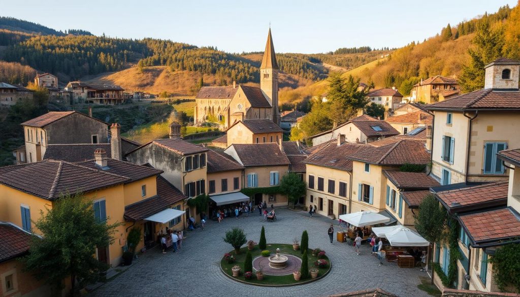 A quaint village nestled in the rolling hills of the Ardèche region, surrounded by lush forests and winding streams. The cottages and stone buildings stand in harmony, their warm ochre hues and terracotta roofs reflecting the golden sunlight. Cobblestone streets lead to a central square, where locals gather, chatting animatedly and tending to their market stalls. In the distance, the steeple of a centuries-old church rises above the treetops, its bell tower casting long shadows across the scene. A sense of timeless tranquility pervades the air, inviting the viewer to explore the hidden nooks and crannies of this picturesque rural idyll.