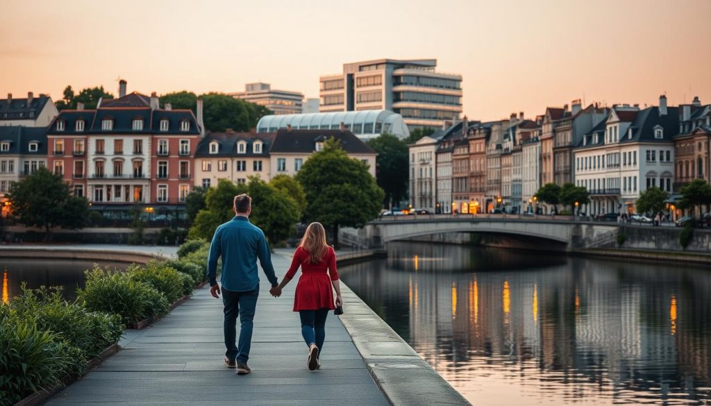 A romantic evening stroll along the Confluence district in Lyon, France. The promenade is lined with lush greenery and elegant buildings, reflecting in the calm waters of the Rhône and Saône rivers. The soft, warm lighting of dusk bathes the scene in a golden glow, casting a cozy, intimate atmosphere. A couple walks hand-in-hand, admiring the picturesque architecture and taking in the serene ambiance of this vibrant urban district. In the background, the modern and sleek structures of the Confluence development rise, creating a harmonious blend of old and new. The image captures the essence of a romantic weekend getaway in this charming part of Lyon.
