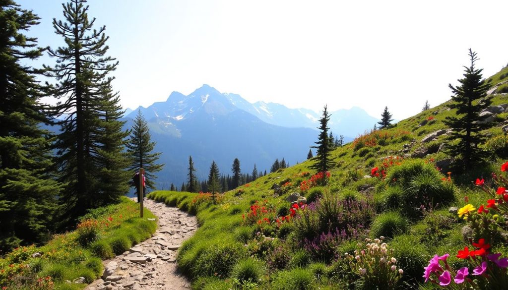 A rugged mountain trail winds through the lush, verdant Pyrenees, offering a captivating glimpse into the region's natural splendor. In the foreground, a well-worn footpath leads hikers past towering pine trees and colorful wildflowers, inviting them to explore the serene wilderness. The middle ground reveals majestic snow-capped peaks, casting long shadows across the landscape and creating a dramatic contrast with the vibrant foliage. In the background, a softly hazy sky adds a sense of tranquility, complementing the peaceful atmosphere of this picturesque hiking trail. The image conveys a sense of adventure and connection with the great outdoors, perfectly suited to illustrate the "Activités et Itinéraires de Découverte" section of the "Merens les Vals: Guide Touristique et Informations Pratiques" article.