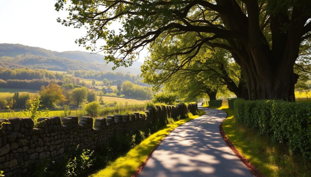 A scenic country road winds through a lush, verdant Bocage landscape in Vendée, France. Lined with ancient hedgerows and towering oaks, the path leads the viewer deep into the tranquil countryside. Dappled sunlight filters through the canopy, casting a warm, golden glow over the weathered stone walls and winding stream that meanders alongside. In the distance, the silhouettes of rolling hills rise up, blanketed in a patchwork of pastoral fields and forests. The serene, bucolic atmosphere invites the viewer to slow down, breathe deeply, and immerse themselves in the timeless beauty of this picturesque Vendéen region.