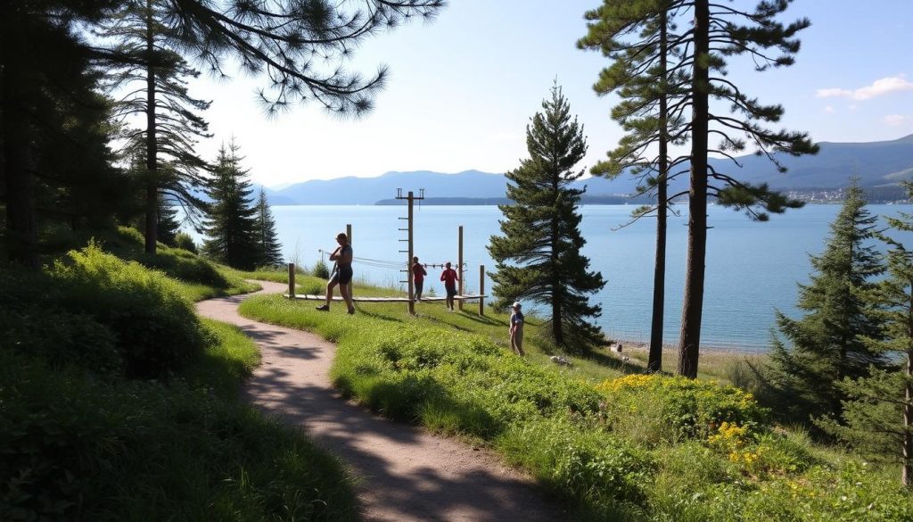 A scenic parcours orientation base loisirs nestled along the shores of the serene Lac de Thésauque. The foreground features a well-marked trail winding through lush greenery, inviting visitors to explore the natural landscape. In the middle ground, adventurers navigate a series of challenging obstacles and balance beams, testing their agility and coordination. The background showcases the tranquil waters of the lake, framed by towering pine trees and a picturesque mountainous horizon. Soft, diffused natural lighting illuminates the scene, creating a serene and inviting atmosphere. The entire composition conveys a sense of recreational adventure and outdoor leisure, perfectly complementing the "Activités et Loisirs sur la Base de Loisirs" section of the article.