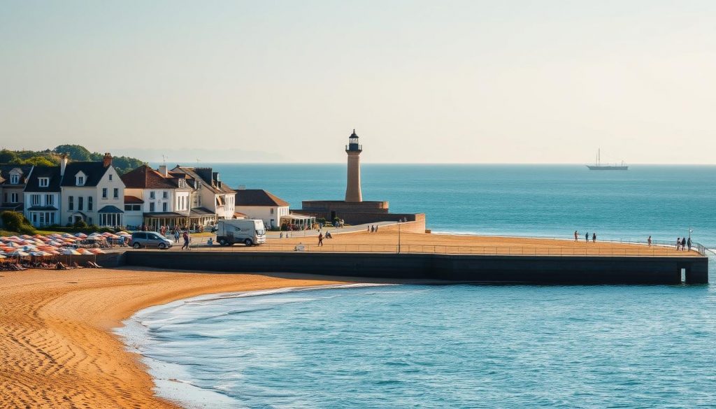 A seaside resort in Charente-Maritime, France, bathed in warm sunlight. A picturesque beachfront scene, with rows of colorful beach umbrellas dotting the golden sand. In the middle ground, charming vacation rentals and quaint holiday homes line the promenade, their pastel facades reflecting in the calm waters of the Atlantic. In the distance, the silhouette of a historic lighthouse stands tall, guiding visitors to this idyllic coastal haven. The overall atmosphere exudes a sense of relaxation and carefree vacation vibes, inviting the viewer to imagine themselves strolling along the tranquil shore or lounging on the sun-drenched beach.