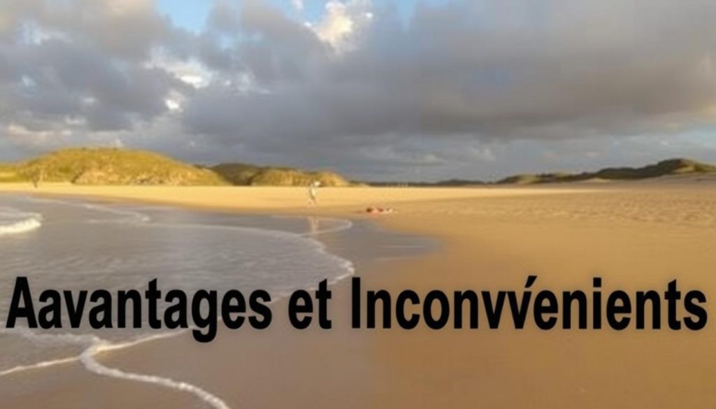 A serene beach landscape with the words "Avantages et Inconvénients" prominently displayed in the foreground. The beach is bathed in warm, golden sunlight, with gentle waves lapping at the shore. In the middle ground, a few beachgoers are engaged in various activities, representing the positive aspects. In the background, dark clouds loom, casting shadows on the sand, symbolizing the potential drawbacks. The scene is captured with a wide-angle lens, providing a panoramic view that balances the positive and negative elements. The overall mood is one of contemplation, inviting the viewer to weigh the pros and cons of this particular beach location.