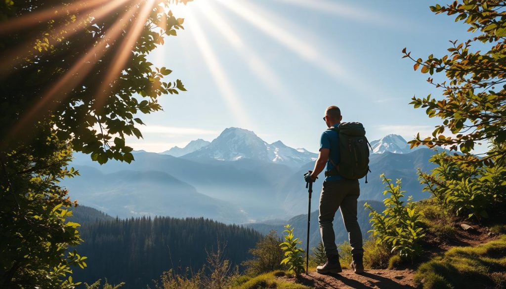 A serene mountain landscape unfolds, where a hiker stands amidst lush greenery, preparing for a thrilling ascent. Rays of warm sunlight filter through the canopy, casting a soft glow on the well-equipped adventurer. In the distance, majestic peaks rise, their snow-capped summits reaching towards the azure sky. The hiker's sturdy backpack, hiking poles, and rugged boots suggest a readiness for the challenges ahead. The scene exudes a sense of anticipation and excitement, inviting the viewer to embark on a rewarding journey through the breathtaking natural wonders of the mountains.