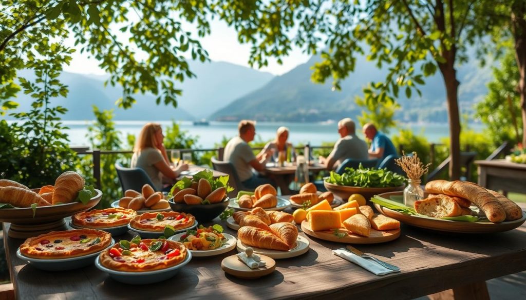 A tranquil outdoor scene in Annecy, France, showcasing a sumptuous vegetarian brunch spread. In the foreground, a rustic wooden table is laden with an array of fresh, vibrant dishes - hearty quiches, flaky croissants, seasonal fruit platters, and artisanal breads. Dappled sunlight filters through the lush, verdant foliage surrounding the table, creating a warm, inviting atmosphere. In the middle ground, a group of friends and families dine leisurely, engaged in lively conversation against the backdrop of the serene Annecy lake and the majestic French Alps. The scene evokes a sense of peaceful indulgence, where quality ingredients and tranquil ambiance come together to create an exceptional vegetarian brunch experience.
