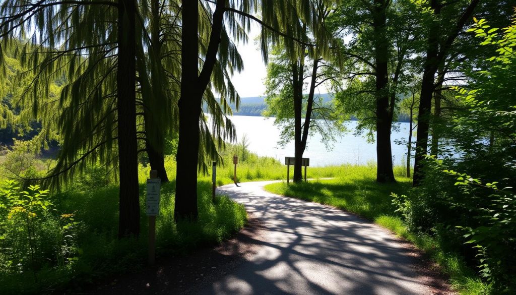 A tranquil, sun-dappled path winding along the picturesque banks of a serene lake, the Lac de Thésauque. The trail is marked with clear signage, guiding visitors through the lush, verdant landscape. Tall, swaying trees frame the scene, casting gentle shadows on the well-maintained, gravel-lined trail. In the distance, the glistening waters of the lake come into view, inviting explorers to venture forth and discover the natural beauty of this idyllic setting. A sense of peace and calm pervades the atmosphere, creating an immersive, outdoor experience for those seeking to connect with the serenity of the great outdoors.