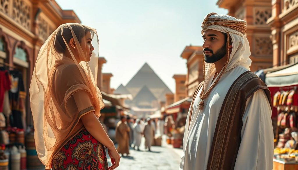 A vibrant and culturally immersive scene depicting appropriate attire for Egypt. In the foreground, a stylish woman gracefully adorns herself in a flowing, richly patterned dress, her head elegantly covered in a sheer, intricately embroidered hijab. The middle ground showcases a well-dressed man in a crisp, traditional thobe robe and a tasseled, embroidered tarbush cap. In the background, a vibrant, sun-dappled marketplace with bustling activity, intricate architectural details, and a glimpse of the iconic pyramids on the horizon. The lighting is warm and natural, capturing the essence of the Egyptian landscape. The overall mood is one of cultural authenticity, respect, and a sense of timeless tradition.