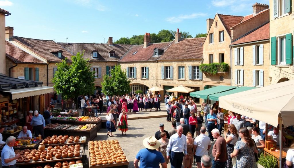 A vibrant town square in Beaulieu sous la Roche, France, on a sunny afternoon. In the foreground, a bustling marketplace with local artisans and merchants showcasing their wares - handcrafted pottery, fresh produce, and fragrant baked goods. In the middle ground, a lively crowd gathers around a stage, where traditional musicians and dancers perform, their colorful costumes and energetic movements capturing the spirit of the town's cultural events. In the background, the charming, historic architecture of Beaulieu sous la Roche frames the scene, with its stone buildings and tiled roofs bathed in warm, golden light. The atmosphere is one of community, celebration, and a deep connection to the town's rich heritage.