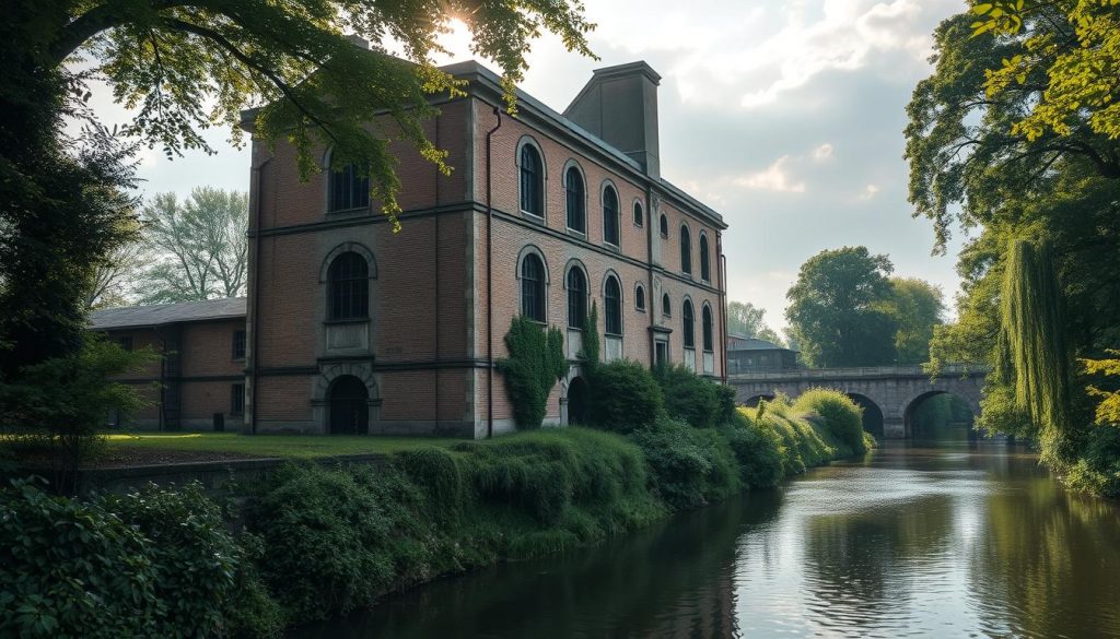 An old, historic electric power plant situated along the banks of the Fay-aux-Loges canal. The three-story brick facade stands tall, its windows and arched entryways casting intricate shadows across the weathered masonry. Lush greenery frames the structure, with towering trees and overgrown vegetation cascading down the sloping embankment. The canal waters reflect the building's imposing presence, creating a serene, almost ethereal atmosphere. Subtle sunlight filters through the clouds, casting a warm, golden glow over the scene. The overall mood is one of industrial heritage, natural beauty, and a sense of timeless tranquility.