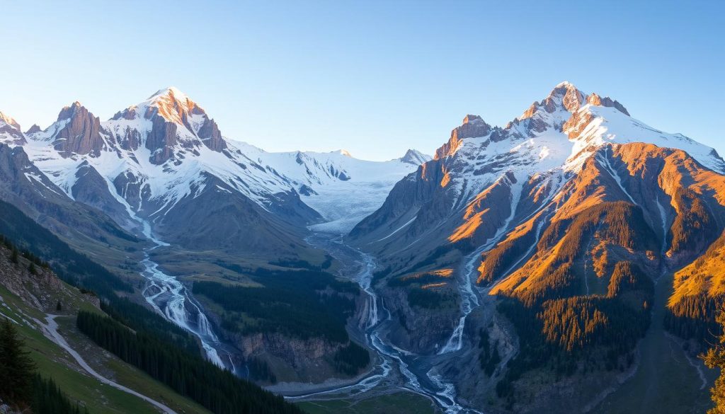 Mountainous relief of the Pyrenees, with rugged peaks and deep valleys carved by glaciers. Towering snow-capped summits rise against a crisp, clear sky, their slopes blanketed in lush alpine meadows and dense coniferous forests. Cascading waterfalls plunge over sheer rock faces, their icy waters flowing into pristine glacial lakes. The scene is bathed in warm, golden light, accentuating the dramatic contours of the landscape. A wide-angle lens captures the grandeur and scale of this majestic mountain range, inviting the viewer to explore its breathtaking natural beauty.
