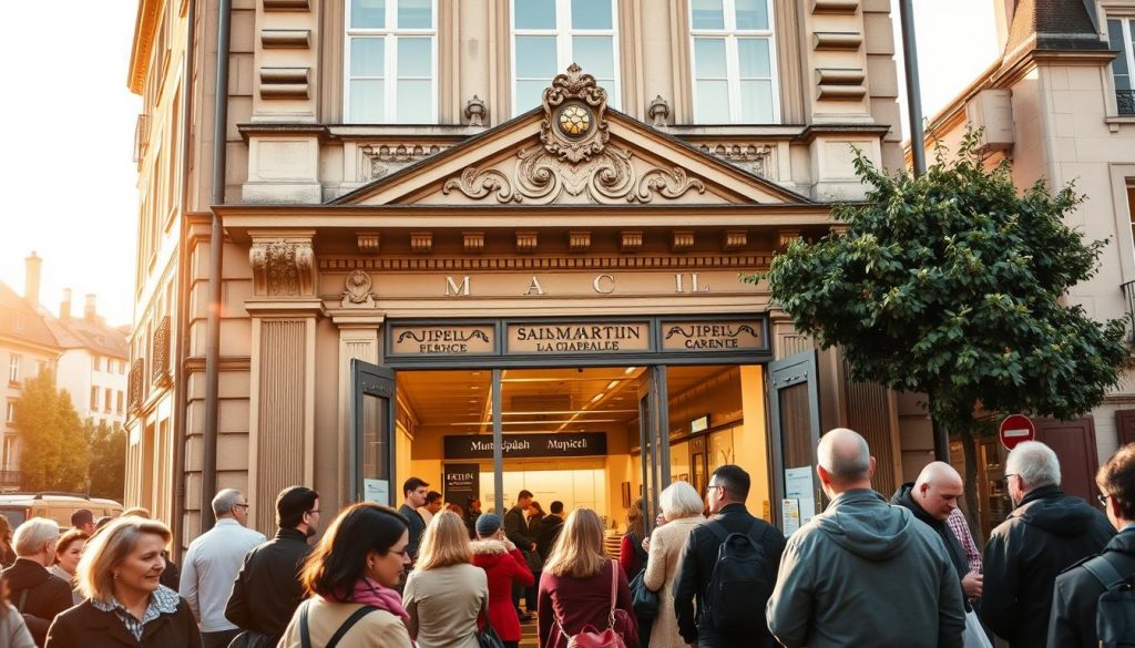 A bustling municipal building in the charming town of Saint Martin la Garenne, Île-de-France. In the foreground, citizens queue at the entrance, their faces conveying a mix of purpose and patience. The grand façade, adorned with ornate architectural details, stands tall and proud, evoking a sense of civic pride. Through the open doors, glimpses of activity can be seen, with municipal employees tending to the needs of the community. The scene is bathed in warm, golden light, reflecting the welcoming atmosphere of this essential hub of local government. In the background, the town's historic buildings and lush greenery create a picturesque setting, complementing the municipal services at the heart of Saint Martin la Garenne.