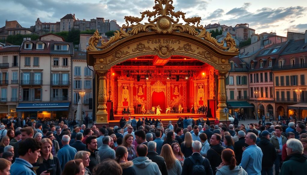 A bustling town square in Lapalisse, France, with a grand, ornate spectacle stage as the centerpiece. The stage is adorned with intricate carvings and gilded details, bathed in warm, golden light from the setting sun. Townsfolk gather around, their faces aglow with anticipation for the evening's cultural performances. In the background, the historic architecture of Lapalisse's old town creates a picturesque backdrop, suggesting a rich heritage and vibrant community. The scene conveys a sense of celebration, tradition, and the vibrant cultural life that animates this historic French town.