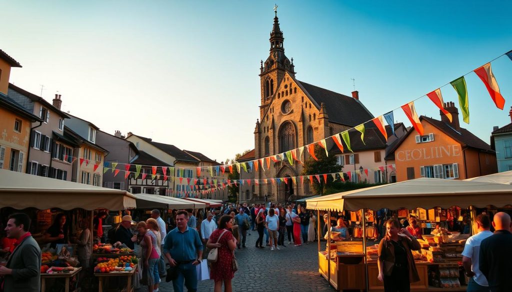 A bustling town square in Moiraxes, France, bathed in the warm glow of the evening sun. In the foreground, a vibrant outdoor market teems with locals and visitors browsing handcrafted wares, fresh produce, and artisanal delicacies. The middle ground showcases a historic stone church, its ornate spire reaching towards the sky. In the background, colorful banners and flags flutter, heralding the start of a lively cultural festival. Soft live music fills the air, and people of all ages gather to enjoy traditional music, dance, and cuisine, celebrating the rich heritage of this charming community.