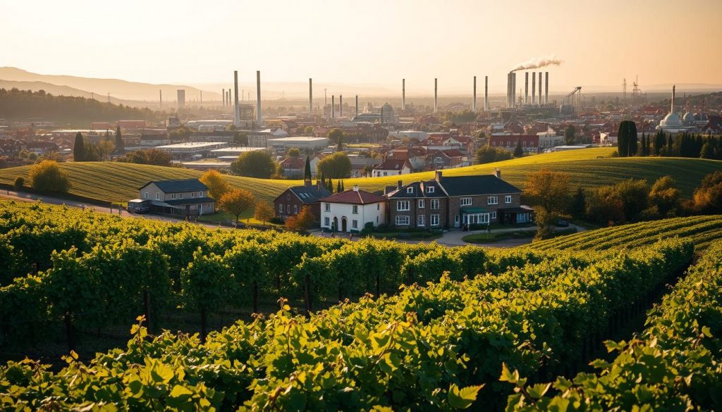 A lush, rolling vineyard nestled amidst a picturesque village, with a sprawling industrial zone in the distance. Vibrant rows of grapevines stretch across the foreground, their leaves rustling in the gentle breeze. In the middle ground, quaint buildings and charming storefronts dot the landscape, their weathered facades hinting at the region's traditional character. The background is dominated by the towering smokestacks and modern structures of the industrial complex, a testament to the local economy's diverse nature. Warm, golden light filters through the scene, casting a soft, inviting glow over the entire composition. The overall atmosphere is one of harmony, where the natural and the manmade coexist in a delicate balance.