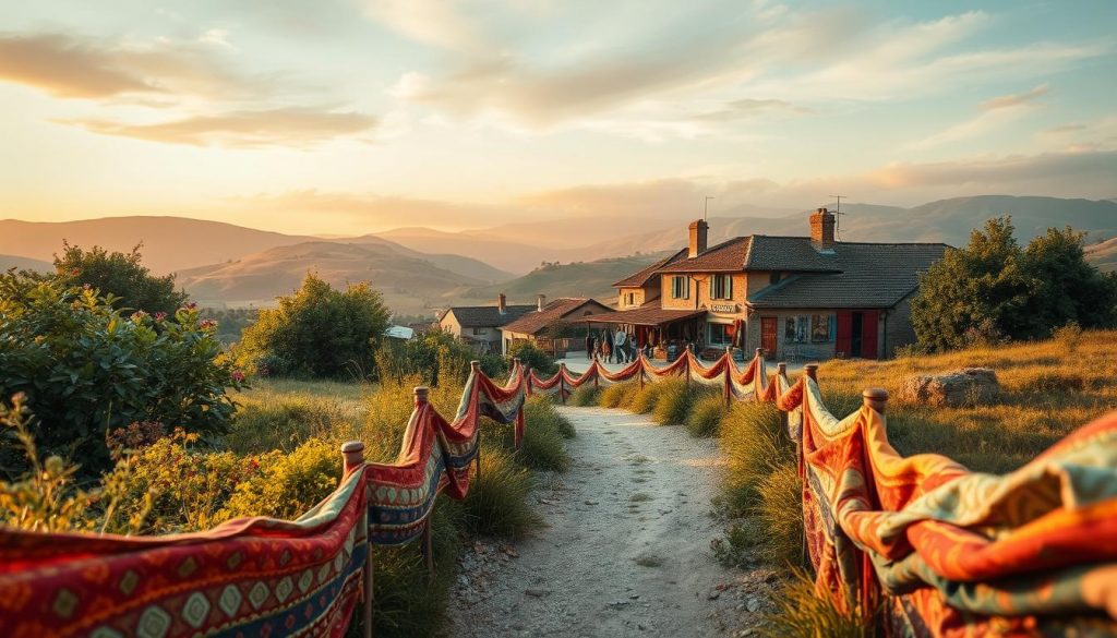 A lush, textile-inspired landscape unfolds in an "itinéraire découverte" (discovery trail). In the foreground, a winding path is lined with vibrant bolts of fabric in rich hues, their patterns and textures inviting exploration. The middle ground features a quaint village, its buildings adorned with artisanal textile displays and artworks. In the background, rolling hills and a soft, diffused sky create a serene, dreamlike atmosphere. The lighting is warm and golden, illuminating the intricate textile details and casting gentle shadows. The overall composition conveys a sense of discovery, creativity, and the celebration of local craftsmanship.