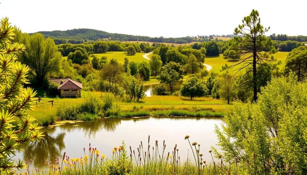 A lush, verdant landscape in the Yvelines region of France, the Clairefontaine nature preserve showcases the natural beauty of the Parisian countryside. In the foreground, a serene pond reflects the swaying trees and vibrant wildflowers along its banks. Winding paths lead through the middle ground, inviting visitors to explore the tranquil wooded areas and shaded glades. In the background, rolling hills dotted with clusters of trees create a picturesque horizon, bathed in the warm, golden glow of the afternoon sun. The atmosphere is one of peaceful relaxation, where the sights and sounds of nature envelop the senses.