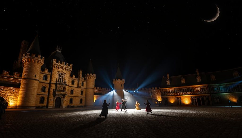 A magnificent nighttime spectacle at the Puy du Fou historical theme park, showcasing a mesmerizing display of light, sound, and special effects. In the foreground, a grand medieval castle facade stands illuminated, its turrets and towers casting dramatic shadows across the cobblestone courtyard. In the middle ground, costumed performers engage in a captivating live-action performance, their movements and actions accentuated by precisely choreographed lighting. The background is dominated by a expansive night sky, peppered with twinkling stars and a crescent moon, creating a sense of wonder and enchantment. The overall scene evokes a timeless, historical atmosphere, immersing the viewer in the cultural heritage and enchanting allure of this renowned French attraction.