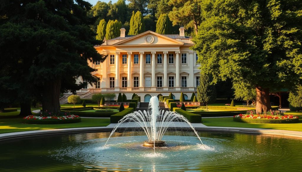 A majestic, historic thermal spa nestled in the lush greenery of the French countryside. The grand, neoclassical facade of the Saubusse spa complex stands proud, its symmetrical columns and ornate details casting long shadows in the warm afternoon light. Lush, verdant gardens surround the building, with towering trees and carefully manicured flowerbeds. In the foreground, a tranquil fountain bubbles, its waters sparkling in the sun. The scene exudes a sense of timeless elegance and cultural heritage, inviting visitors to step back in time and experience the restorative power of this beloved thermal destination.