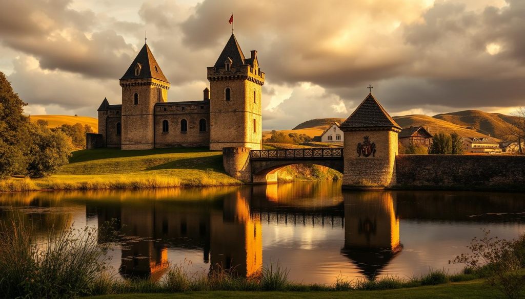A majestic medieval château stands tall, its weathered stone walls and towers casting long shadows across a lush, verdant landscape. In the foreground, a tranquil moat reflects the castle's imposing silhouette, while in the middle ground, a drawbridge spans the waters, leading to an ornate gatehouse adorned with heraldic symbols. The background is dominated by rolling hills and a cloudy, golden-hued sky, evoking a sense of timeless grandeur. The scene is bathed in warm, soft lighting, creating a sense of historical elegance and timeless beauty.