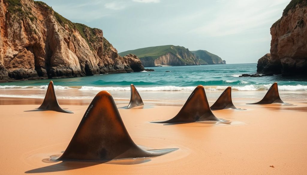 A panoramic vista of the Plage d'Ilbarritz, with its signature golden sands and gently lapping waves. In the foreground, the distinctive fins of sable (sand tiger sharks) emerge from the shallow waters, creating a captivating and serene scene. The middle ground features the rugged cliffs that frame the beach, their weathered faces casting dramatic shadows and patterns. In the distance, the azure waters of the Bay of Biscay stretch out, bordered by the verdant headlands that characterize the Basque coast. Soft, diffused lighting bathes the scene, conveying a sense of tranquility and timelessness. Captured with a wide-angle lens to emphasize the expansive, cinematic quality of the landscape.