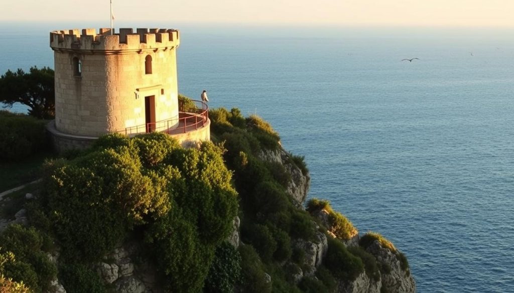A picturesque ancient watchtower perched atop a rugged coastal cliff, overlooking the tranquil waters of the Mediterranean Sea. The tower's weathered stone façade casts long shadows as the warm afternoon sun dapples the scene, creating a serene and timeless atmosphere. Lush, verdant foliage cascades down the cliff, blending the man-made structure seamlessly with the natural landscape. In the distance, the horizon is dotted with the silhouettes of native seabirds, their graceful movements highlighting the biodiversity of this cherished natural heritage site.
