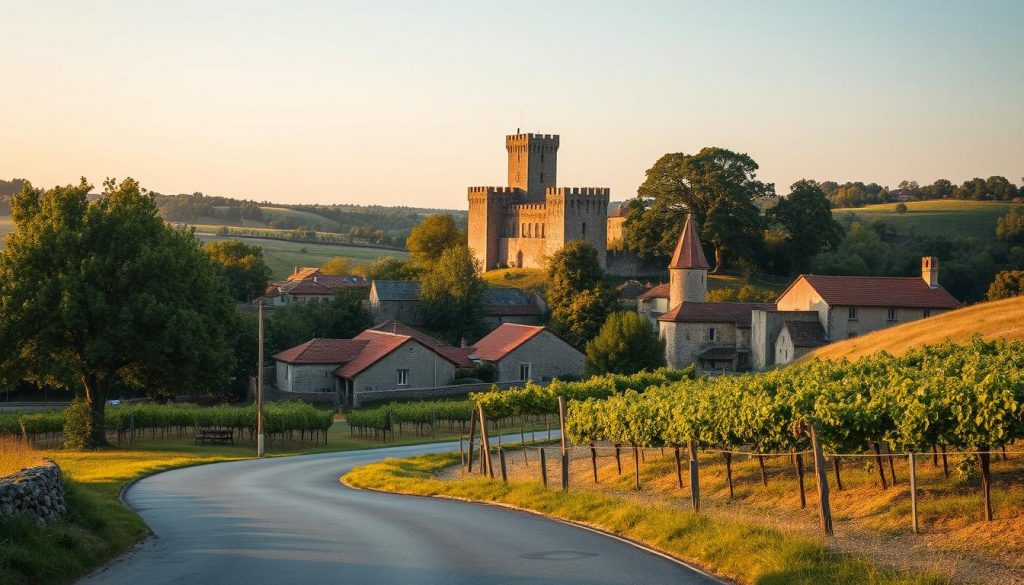 A picturesque countryside landscape in the Dordogne region of France, captured through the lens of a wide-angle camera. In the foreground, a winding road leads through rolling hills dotted with historic stone buildings and lush vineyards. The middle ground features a charming medieval village with terracotta-tiled roofs, nestled among towering oak trees. In the background, the iconic Château de Lamonzie-Saint-Martin stands tall, its imposing silhouette casting a warm, golden glow under the soft, diffused light of a setting sun. The scene exudes a timeless, serene atmosphere, inviting the viewer to explore the rich cultural heritage and natural beauty of this enchanting corner of the Dordogne.
