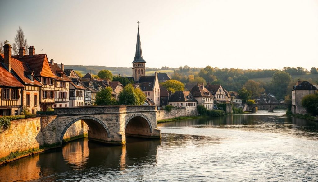 A picturesque riverside town nestled along the banks of the historic Grand Morin river, France. In the foreground, a charming stone bridge arches gracefully over the gently flowing waters, its reflection rippling in the serene surface. Along the riverbanks, quaint half-timbered houses and cobblestone streets evoke a timeless, medieval ambiance. In the middle ground, the steeple of an ancient church peeks out from amidst a cluster of red-tiled roofs, its ornate spire silhouetted against a soft, golden sky. In the distance, rolling hills dotted with verdant trees form the tranquil backdrop, completing the serene, pastoral scene. Warm, diffused lighting imbues the entire landscape with a nostalgic, romantic atmosphere, capturing the rich history and enduring charm of this enchanting French town.