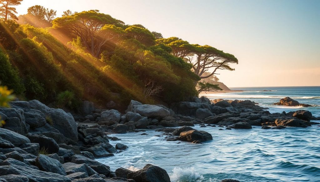 A serene coastal landscape with a protected natural environment. In the foreground, a rugged, windswept rocky shoreline and gently lapping waves. The middle ground features a lush, verdant forest canopy teeming with diverse flora and fauna. Rays of golden sunlight filter through the trees, casting a warm, ethereal glow over the scene. In the distance, a picturesque sandy beach and the vast, shimmering expanse of the ocean. The composition emphasizes the delicate balance and harmony of this sensitive, carefully preserved natural setting. The mood is one of tranquility, wonder, and the awe-inspiring beauty of the untamed coastal region.