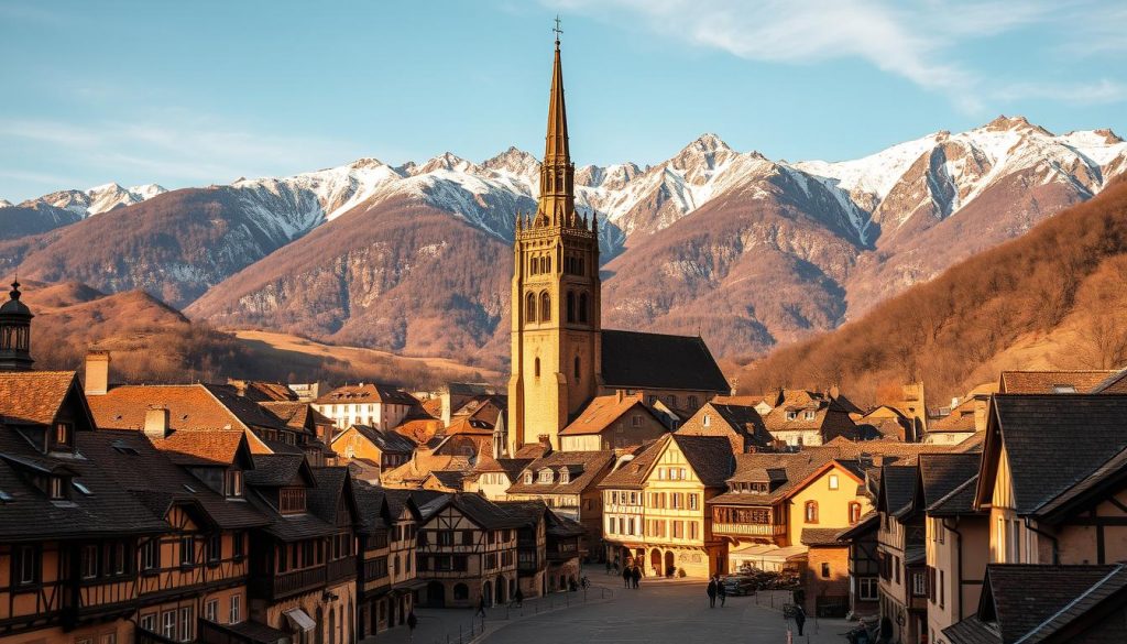 A sprawling medieval town nestled in the Pyrenees mountains, "histoire de la commune" captures the historic heart of the region. The foreground features a bustling town square, with cobblestone streets and half-timbered buildings adorned with ornate architectural details. In the middle ground, a towering church steeple rises above the rooftops, its gothic spires casting long shadows across the scene. The background is dominated by rugged, snow-capped peaks, their jagged silhouettes stretching across the horizon. Warm, golden lighting bathes the entire composition, creating a sense of timeless charm and antiquity. The image conveys the rich cultural heritage and storied past of this picturesque Pyrenean community.