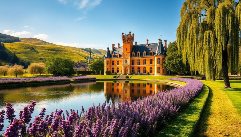 A stately 19th-century chateau nestled amidst lush rolling hills, its warm ochre facade reflected in the tranquil waters of a pond. Ornate turrets and towers pierce the sky, their gothic silhouettes casting dramatic shadows. Manicured gardens border the estate, lined with rows of fragrant lilac bushes and weeping willow trees. Sunlight filters through the canopy, casting a soft, golden glow over the scene. In the distance, a church steeple and clusters of tiled rooftops hint at the historic village beyond. An air of timeless elegance and rural tranquility pervades this architectural patrimony, a testament to the rich cultural heritage of La Celle-les-Bordes.