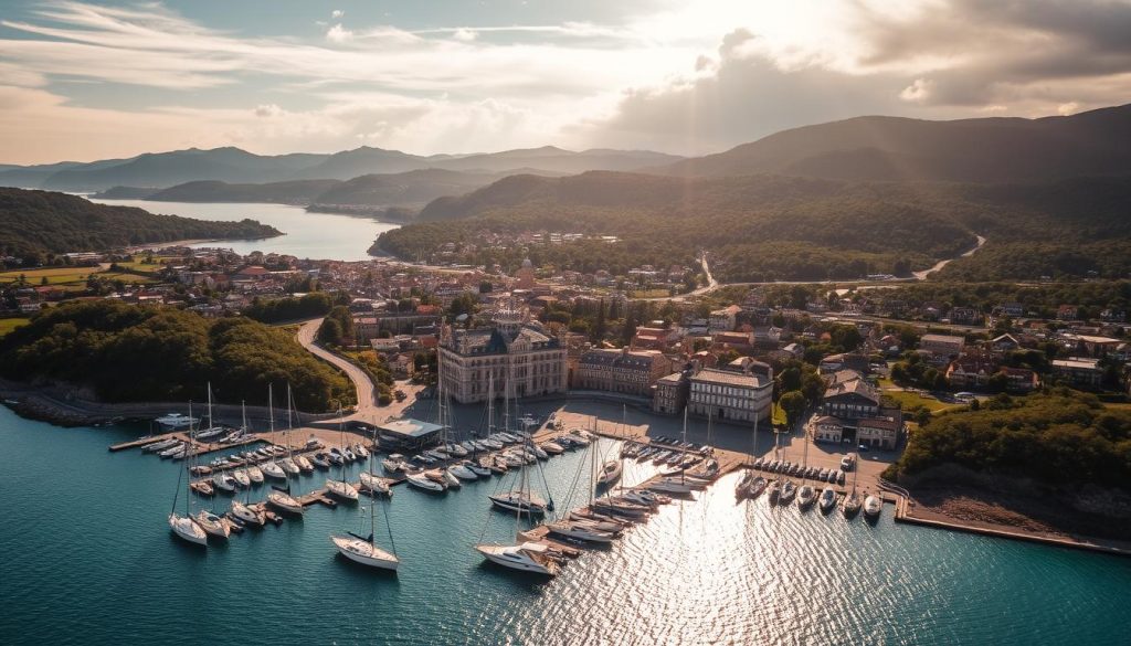 A sweeping aerial view of the picturesque port town of Port Saint Marie, nestled along the azure coastline. In the foreground, the bustling harbor teems with fishing boats and yachts, their masts casting long shadows across the glittering waters. The middle ground reveals the charming, historic town center, with its quaint stone buildings and winding cobblestone streets. In the background, rolling hills and lush, verdant forests frame the scene, creating a serene and idyllic landscape. Warm, golden sunlight filters through wispy clouds, casting a soft, romantic glow over the entire setting. The composition captures the tranquil, yet vibrant essence of this coastal community, inviting the viewer to explore its geographic accessibility and urban delights.