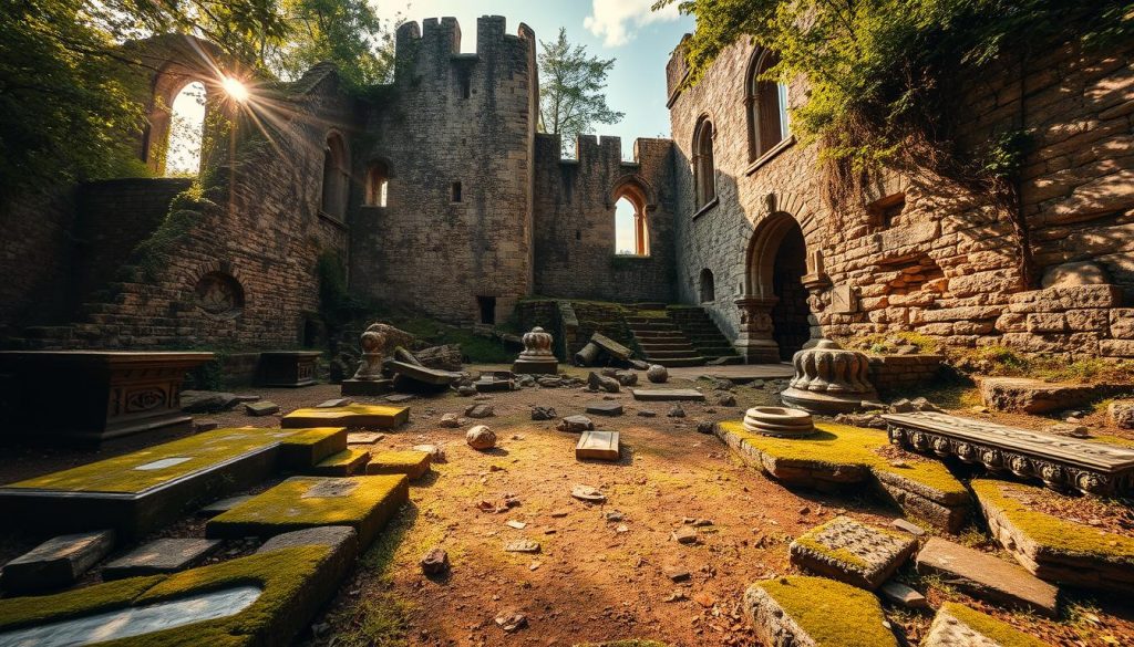 An ancient castle stands majestically, its weathered stone walls and crumbling towers a testament to the passage of time. Sunlight filters through the overgrown foliage, casting a warm, golden glow upon the archaeological vestiges that litter the ground - fragments of carved masonry, moss-covered foundations, and the occasional glint of metal from long-forgotten relics. The scene evokes a sense of timeless wonder, inviting the viewer to imagine the vibrant history that once filled these hallowed halls. Wide-angle lens captures the grandeur of the site, while soft, directional lighting accentuates the textures and details of the archaeological treasures scattered throughout the frame.