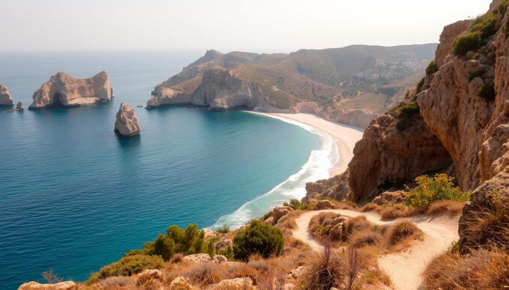 An expansive coastal landscape under the dramatic Cap Canaille cliffs, featuring a pristine sandy beach and gently lapping waves of the Mediterranean sea. The sun casts a warm, golden glow over the scene, illuminating the weathered rock formations and vibrant flora dotting the terrain. In the foreground, natural pathways wind through the rugged terrain, inviting exploration of this picturesque natural wonder. The middle ground showcases the striking contrast between the azure waters and the towering, ochre-hued cliffs that rise majestically overhead. The background frames the entire vista with a hazy, atmospheric horizon, creating a sense of serene tranquility. This breathtaking site evokes the natural beauty and unspoiled charm of the French Riviera.