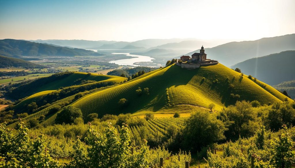 Panoramic view of the rolling hills of Tain l'Hermitage, with the iconic Hermitage chapel perched atop the highest peak. The foreground features a lush, verdant landscape dotted with vineyards and orchards, leading up to the gentle slopes in the middle ground. In the background, the Rhône River winds its way through the valley, framed by the majestic mountains in the distance. The scene is bathed in the warm, golden light of a late afternoon sun, casting long shadows and creating a serene, picturesque atmosphere. The image is captured with a wide-angle lens, offering a sweeping, cinematic perspective that immerses the viewer in the beauty of this tranquil, historic region. Panoramic view of the rolling hills of Tain l'Hermitage, with the iconic Hermitage chapel perched atop the highest peak. The foreground features a lush, verdant landscape dotted with vineyards and orchards, leading up to the gentle slopes in the middle ground. In the background, the Rhône River winds its way through the valley, framed by the majestic mountains in the distance. The scene is bathed in the warm, golden light of a late afternoon sun, casting long shadows and creating a serene, picturesque atmosphere. The image is captured with a wide-angle lens, offering a sweeping, cinematic perspective that immerses the viewer in the beauty of this tranquil, historic region.