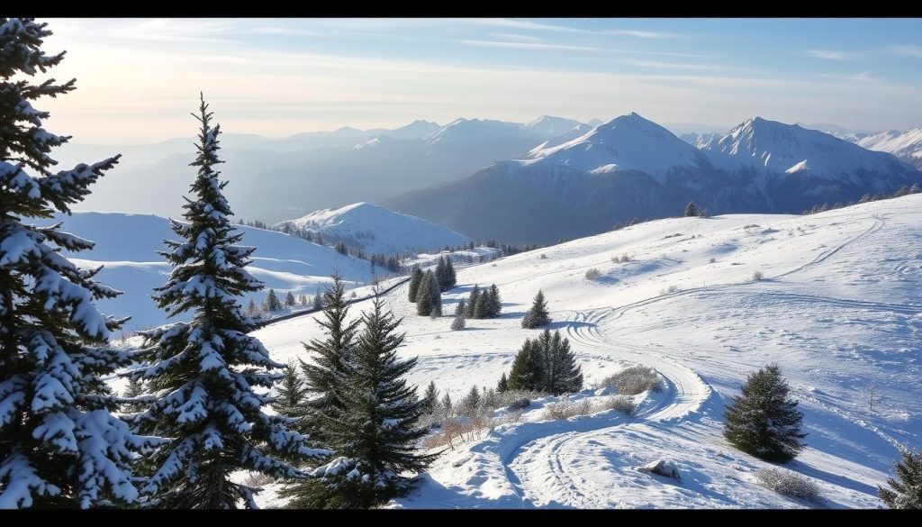 Snowy landscape of Mont Lozère, a majestic mountain in the Cévennes region of southern France. Crisp, winter daylight illuminates the pristine blanket of snow covering the rolling slopes and peaks. In the foreground, evergreen trees stand tall, their branches laden with fresh powder. The middle ground features a winding path, inviting hikers to explore the serene, snow-covered terrain. In the distance, the rugged silhouette of the mountain range dominates the horizon, its slopes glistening under the soft, diffused sunlight. An atmospheric, tranquil scene capturing the essence of the "Ressources et données en temps réel" section.