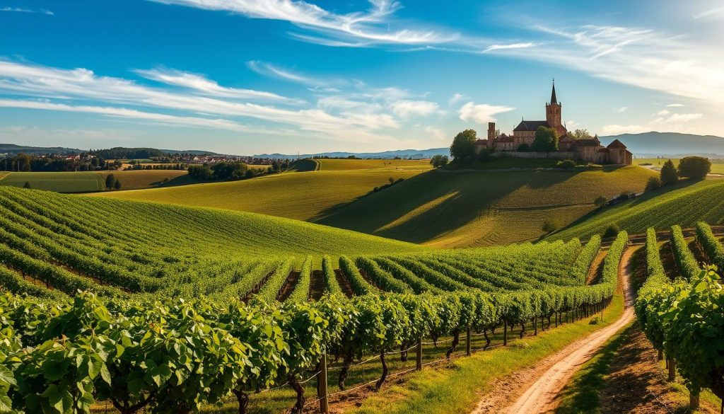 Vignoble Saint-Émilion Grand Cru: A Picturesque Landscape of Vineyards and Rolling Hills A sun-dappled vista of gently sloping vineyards unfolds, their lush, verdant vines cascading across the undulating terrain. Rows of gnarled, ancient grapevines stretch out as far as the eye can see, their leaves rustling in the soft breeze. In the distance, the historic town of Saint-Émilion perches atop a limestone outcrop, its charming medieval architecture and towering church spire silhouetted against the azure sky. Warm, golden light filters through wispy clouds, casting a dreamlike glow over the tranquil landscape. The scene is punctuated by the occasional winding dirt road, flanked by stone walls and dotted with the occasional weathered farmhouse or quaint wine cellar. The mood is one of timeless serenity, a timeless tableau of the Bordeaux region's renowned winemaking heritage.
