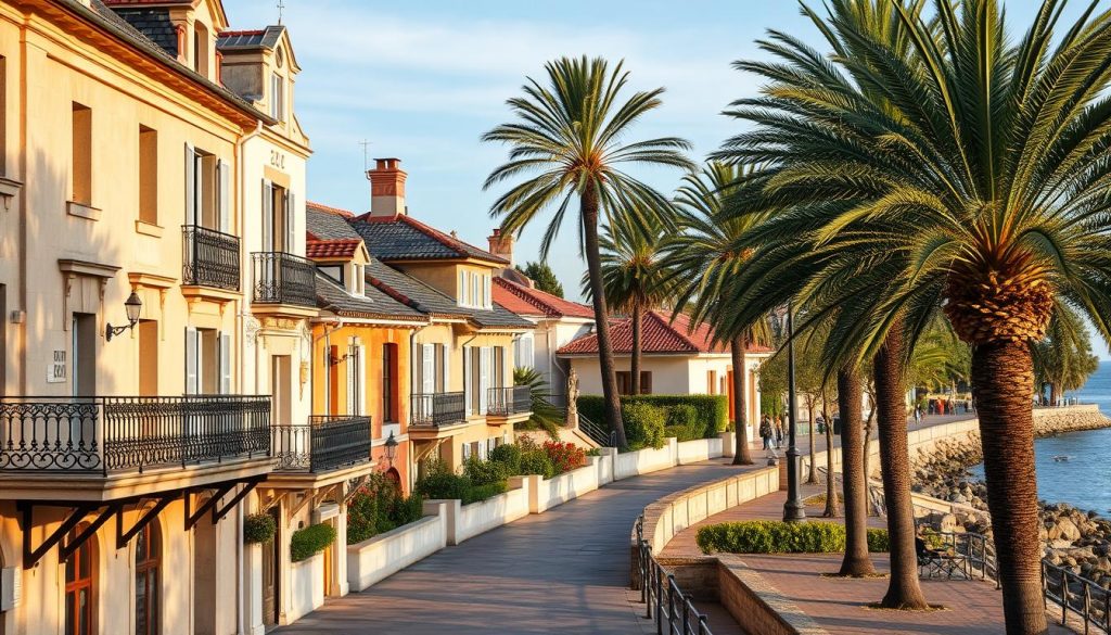 Villas Soulacaises in traditional French architectural style, featuring ornate facades, slate roofs, and wrought-iron balconies overlooking a tranquil seaside promenade. Soft afternoon sunlight casts warm shadows across the weathered stone walls and terra cotta tiles. In the background, lush palm trees sway gently in the coastal breeze, creating a serene, idyllic atmosphere. The scene captures the essence of Soulac-sur-Mer's timeless elegance and timeless charm.