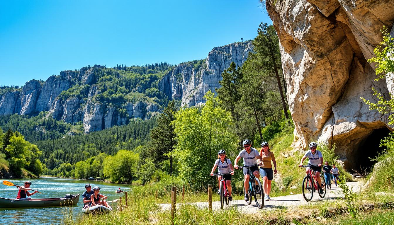 A-vibrant-outdoor-scene-in-the-Ardeche-region-showcasing-a-stunning-landscape-with-cliffs A vibrant outdoor scene in the Ardèche region, showcasing a stunning landscape with cliffs, lush green forests, and the mesmerizing Ardèche River. In the foreground, a group of diverse individuals, dressed in modest sports attire, engage in activities like canoeing and rock climbing, exuding a sense of adventure and camaraderie. The middle ground features cyclists on mountain bikes navigating a scenic trail, while a nearby cave entrance hints at exciting spelunking opportunities. The background showcases dramatic limestone cliffs against a clear blue sky, with sunlight filtering through the trees, creating a warm and inviting atmosphere. The image should be realistic with bright, natural lighting, captured from a slightly elevated angle to encompass the beauty and energy of outdoor sports in Ardèche.